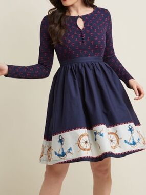 ModCloth Twofer Long Sleeve Dress in Nautical Knee Length